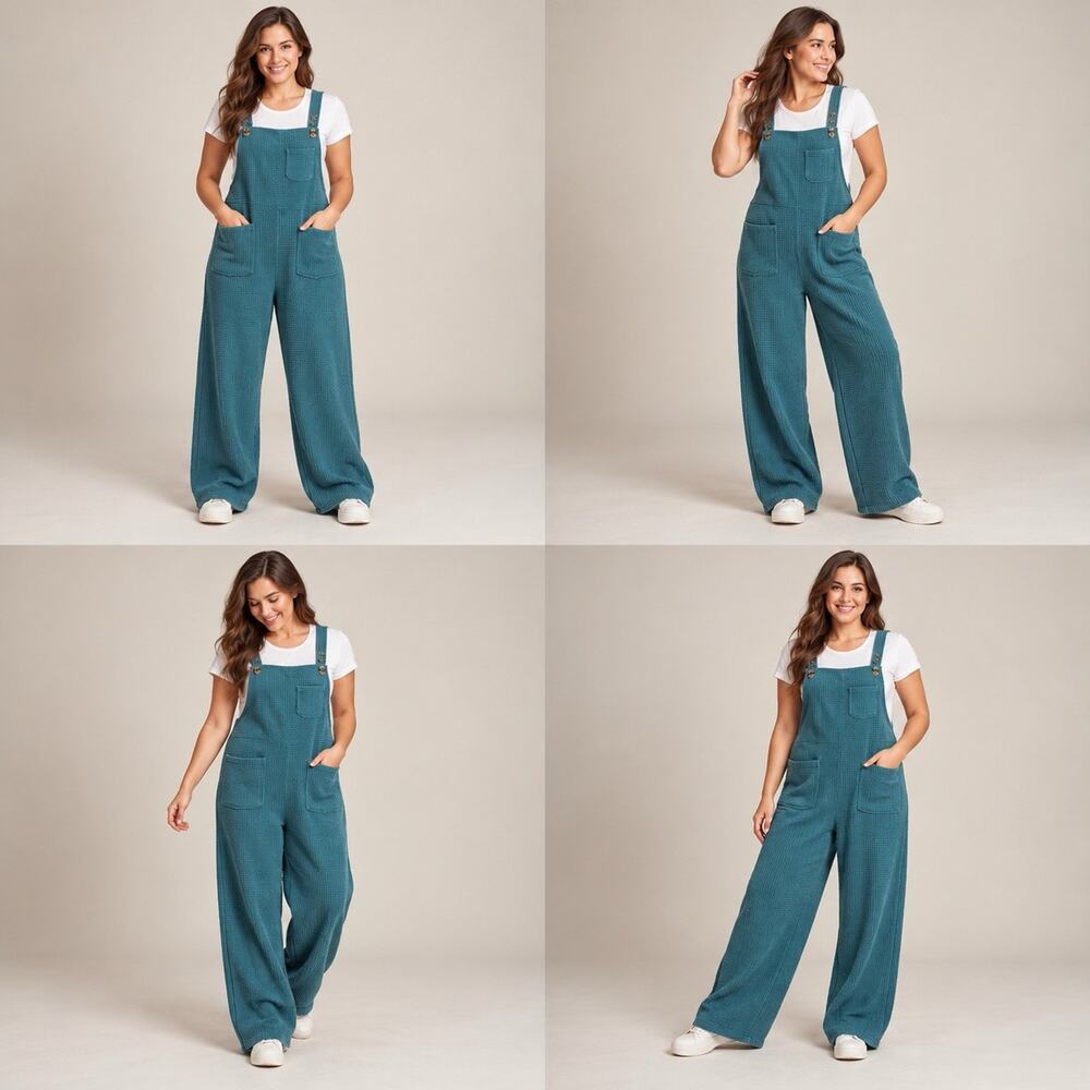 Halara Waffle Wide Leg Overalls Womens L Regular Teal Green Pockets NWT